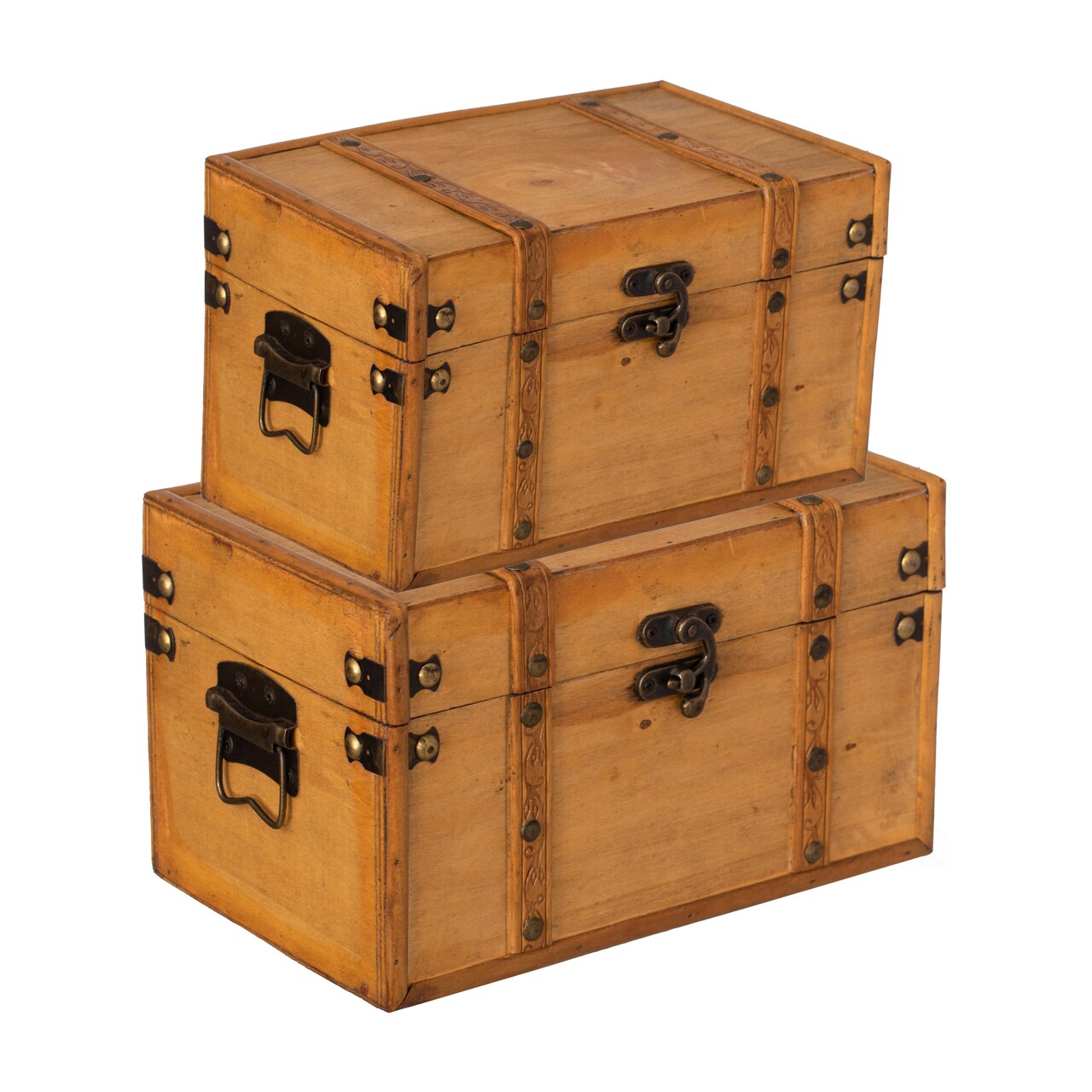 Vintiquewise Farmhouse Antique-Style Wood Treasure Chest with Leather Straps & Front Latch Decorative Storage Trunk for Trinkets Jewelry or Letters Rustic Accent for Home or Office Decor